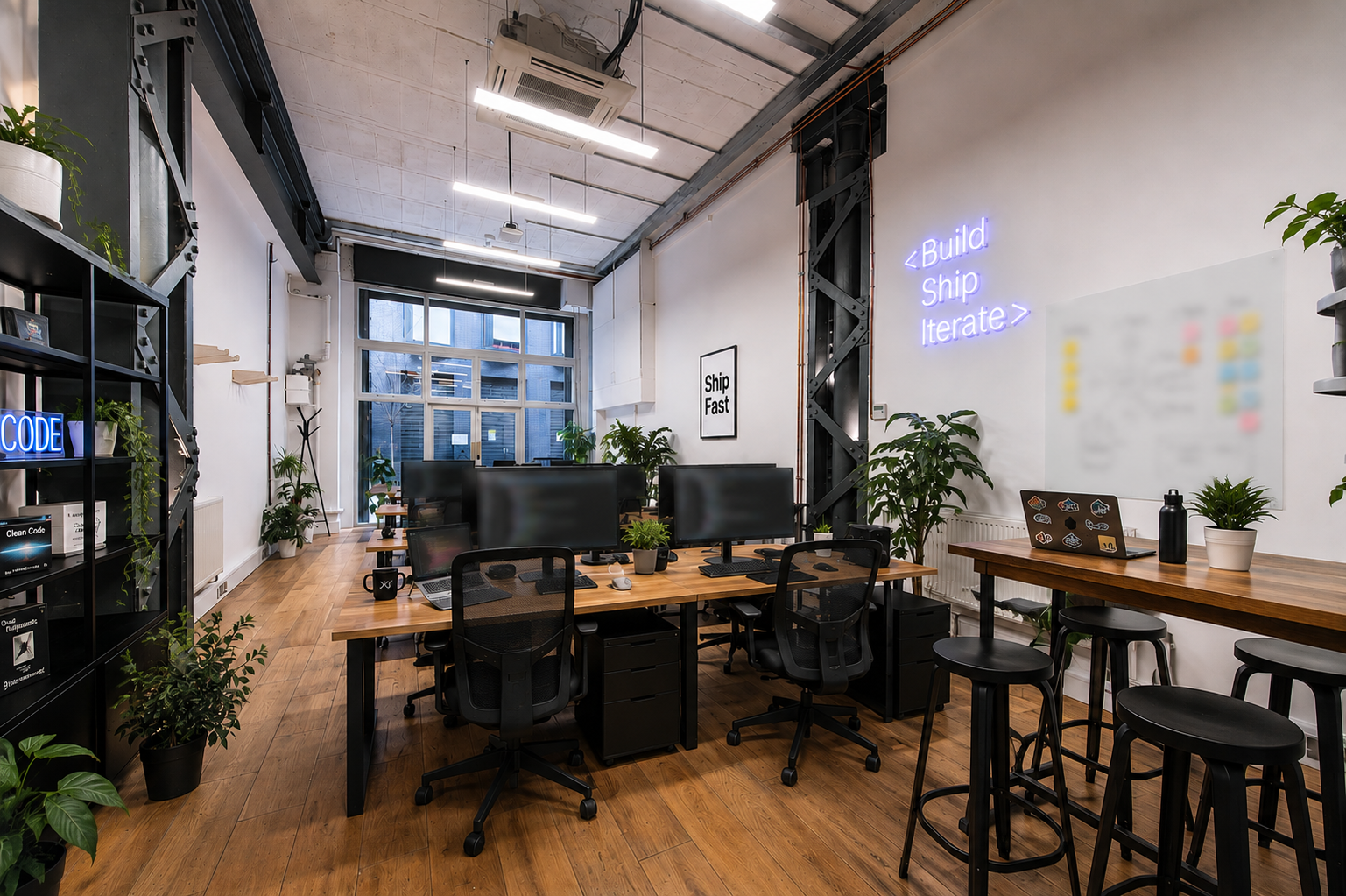 A team workspace with laptops and planning notes.