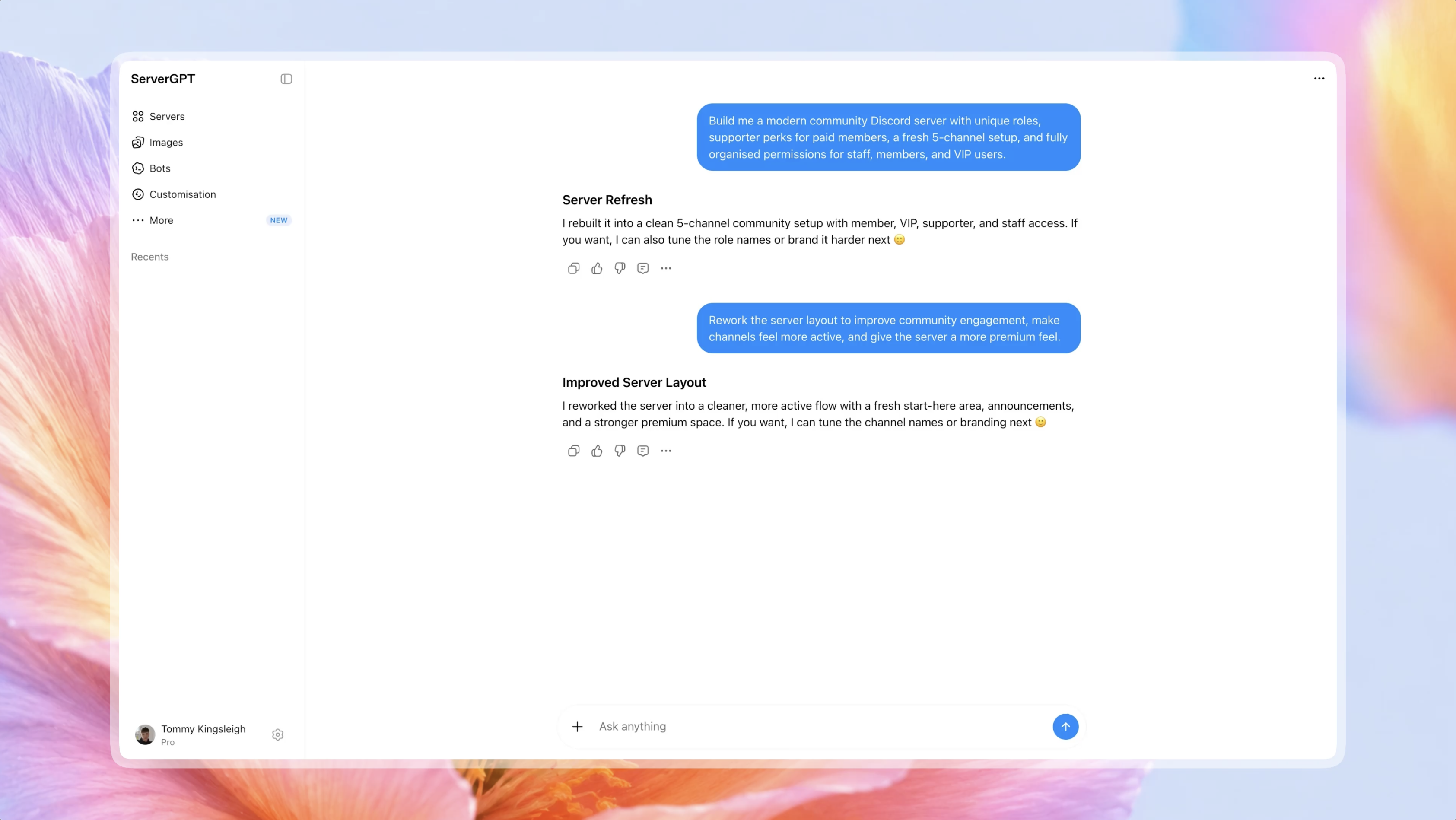 ServerGPT Discord server builder showing a generated gaming community setup with channels, roles, and onboarding automation.