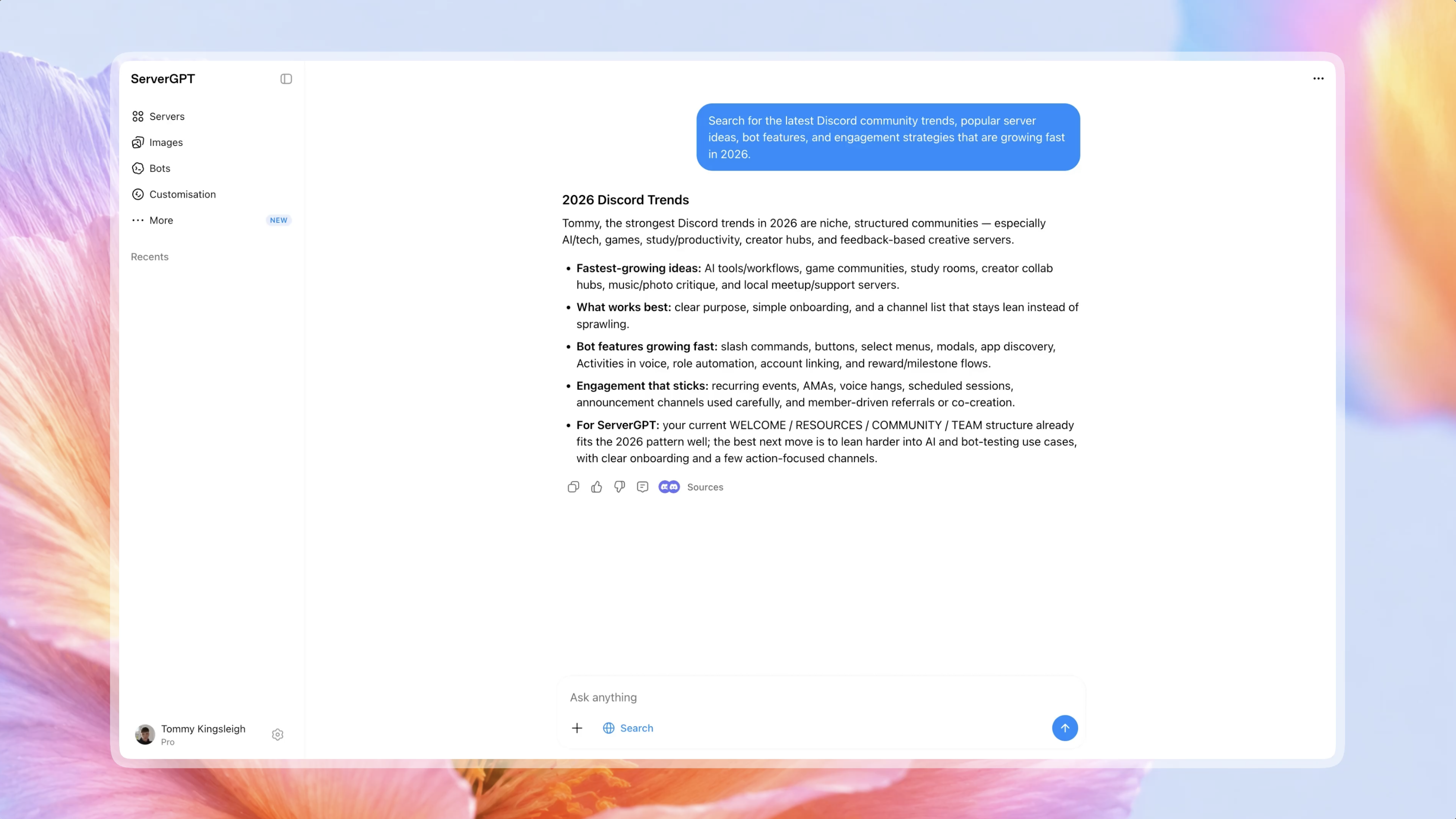 ServerGPT custom Discord bot builder generating moderation bot code with package and configuration updates.